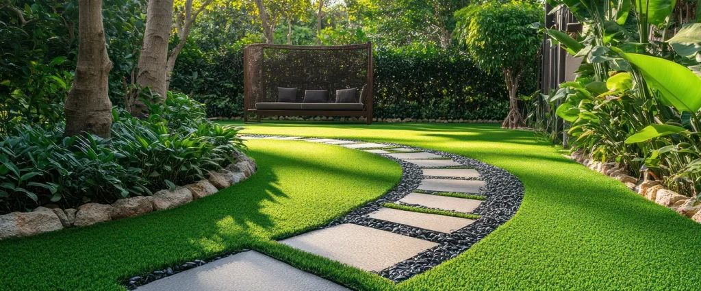 Lush artificial turf lawn with winding stone pathway, surrounded by greenery and a cozy seating area, showcasing low-maintenance outdoor space ideal for homes in Michigan.
