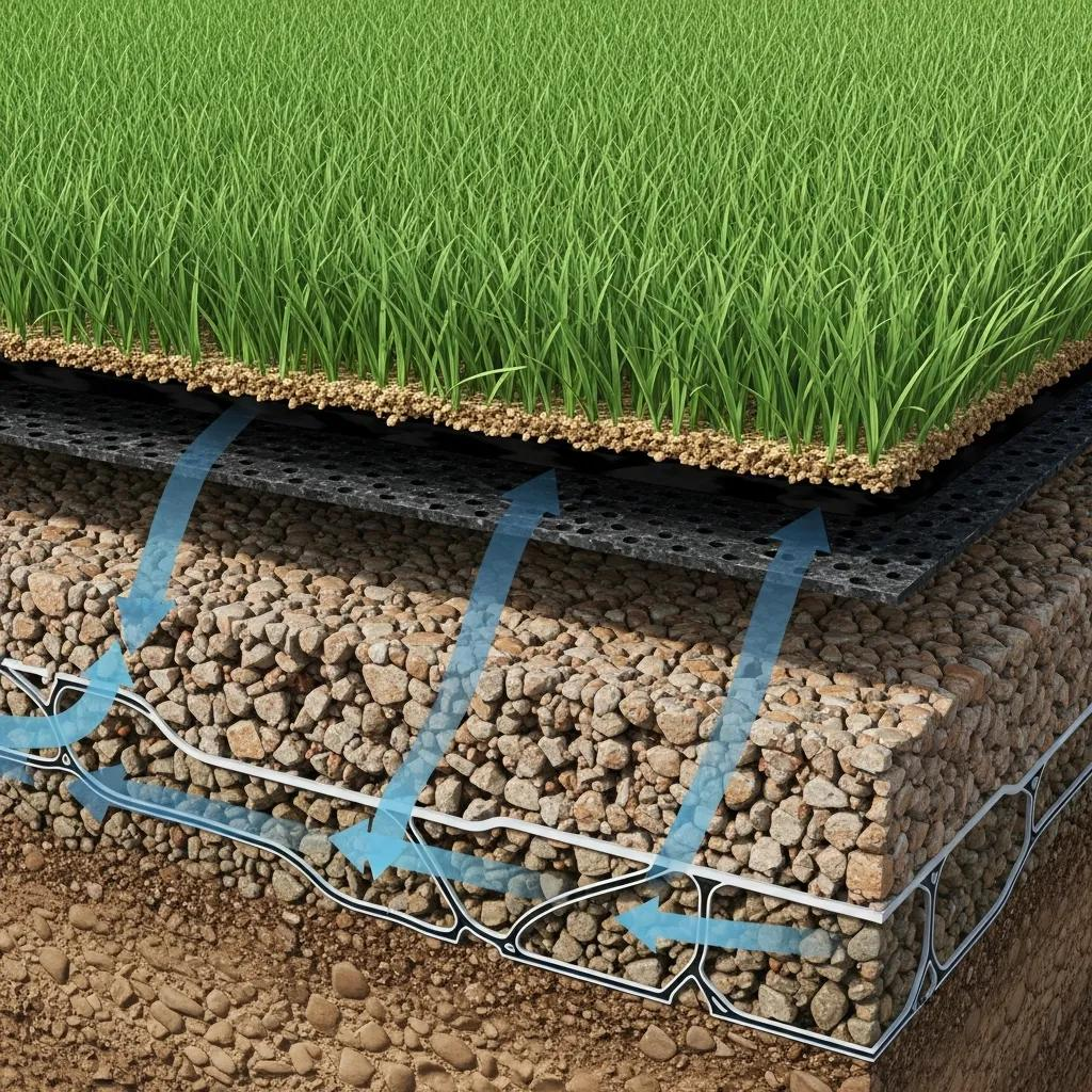 Layers of artificial turf system showcasing drainage mechanisms, including grass layer, permeable base, and gravel sub-base, illustrating how synthetic grass prevents mud and maintains cleaner homes.