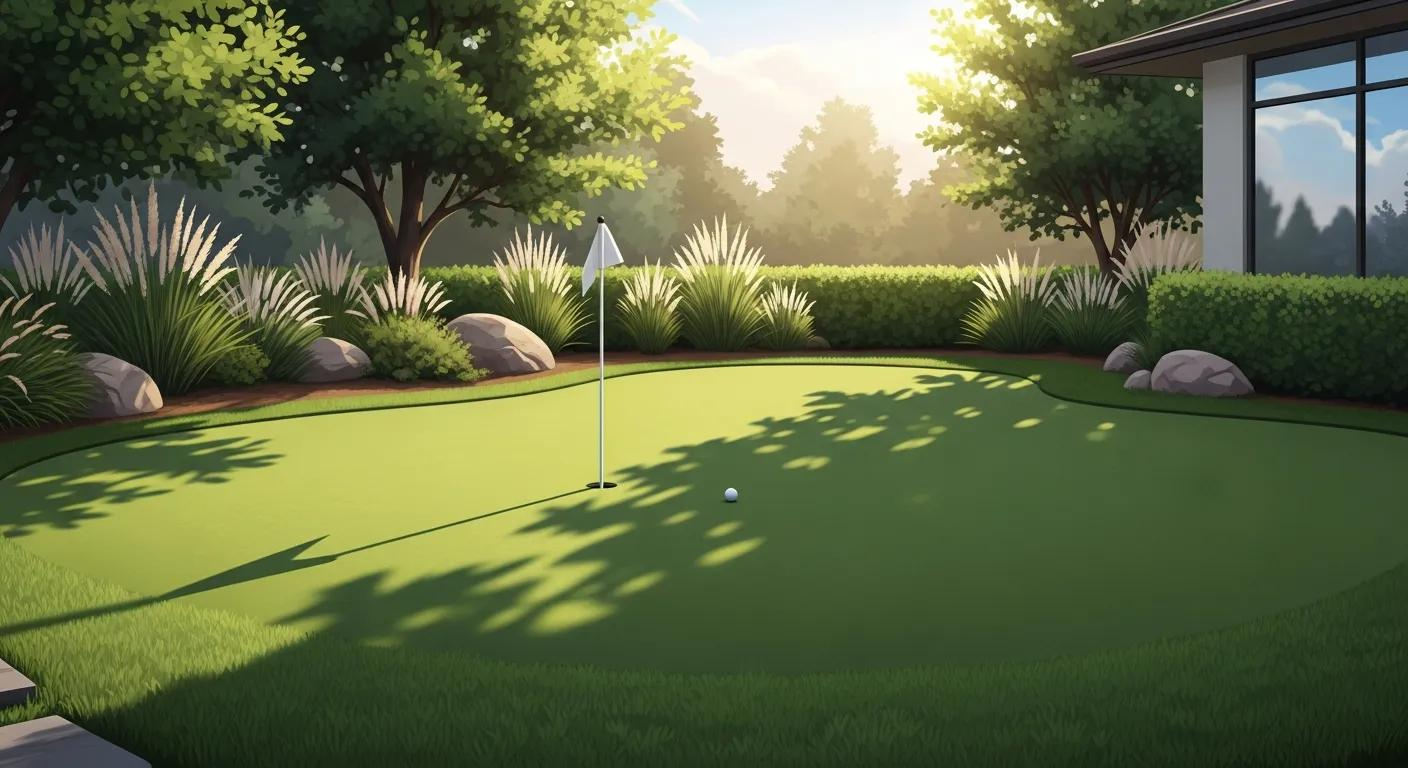 Backyard putting green with flag, artificial turf, surrounded by lush greenery and rocks, enhancing home golf practice experience.